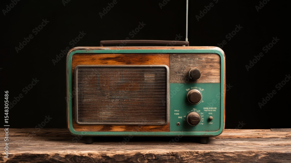 Obraz premium An artistic representation of a vintage radio placed on a rustic wooden table, capturing nostalgia and warmth of bygone eras with its unique design and classic appeal.
