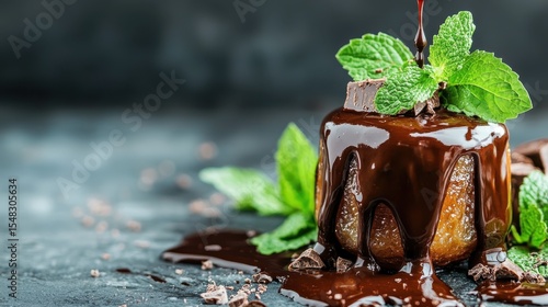 Wallpaper Mural An indulgent chocolate dessert drizzled with rich sauce and garnished with fresh mint leaves, showcasing culinary artistry and inviting flavor for dessert lovers. Torontodigital.ca