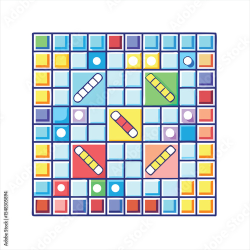 Stylized illustration of a Ludo board game with colorful squares and pieces