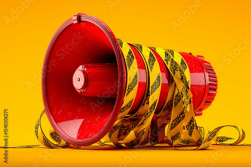 Megaphone in Danger: A vibrant visual metaphor where a bright red megaphone, wrapped with caution tape, symbolizes a potential safety issue or urgent announcement.