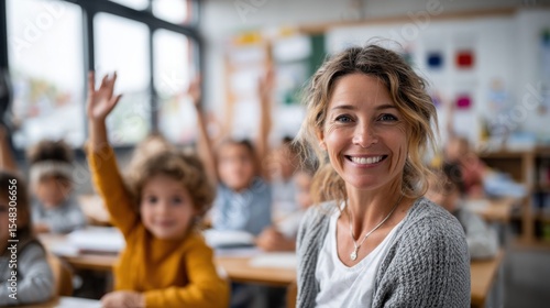 A joyful teacher smiles at the camera while students eagerly raise their hands in a colorful classroom. The environment promotes active participation and learning.