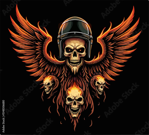 Biker vector t-shirt design with human skull in
motorcycle helmet,
wings, fire demons on black background.
Fashionable print for fabric, paper, men clothing,
hoodie, biker jacket. T shirt template.