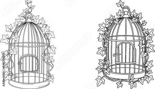 Two Outline Birdcages Encircled by Ivy Vine, Decorative Illustration