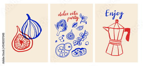 La dolce vita vintage posters. Italian Summer Line Art Vector Set with Pasta, Mozzarella, Coffee, Seafood and Herbs. Vector illustration ink doodle sketch style.