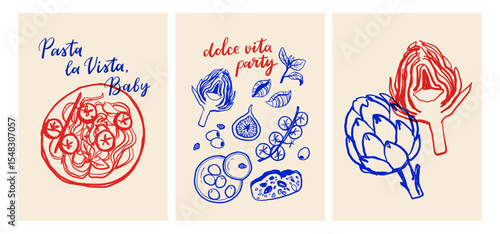 La dolce vita vintage posters. Italian Summer Line Art Vector Set with Pasta, Mozzarella, Coffee, Seafood and Herbs. Vector illustration ink doodle sketch style.