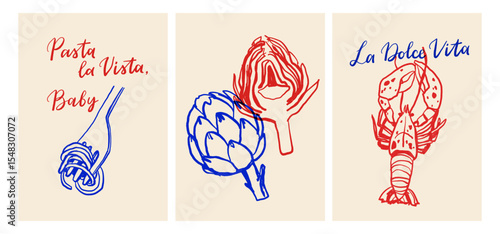 La dolce vita vintage posters. Italian Summer Line Art Vector Set with Pasta, Mozzarella, Coffee, Seafood and Herbs. Vector illustration ink doodle sketch style.