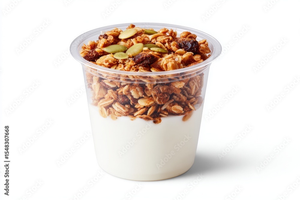 Clear Yogurt Cup with Granola Topping on White Background Clear Yogurt Cup with Granola Topping on White Background