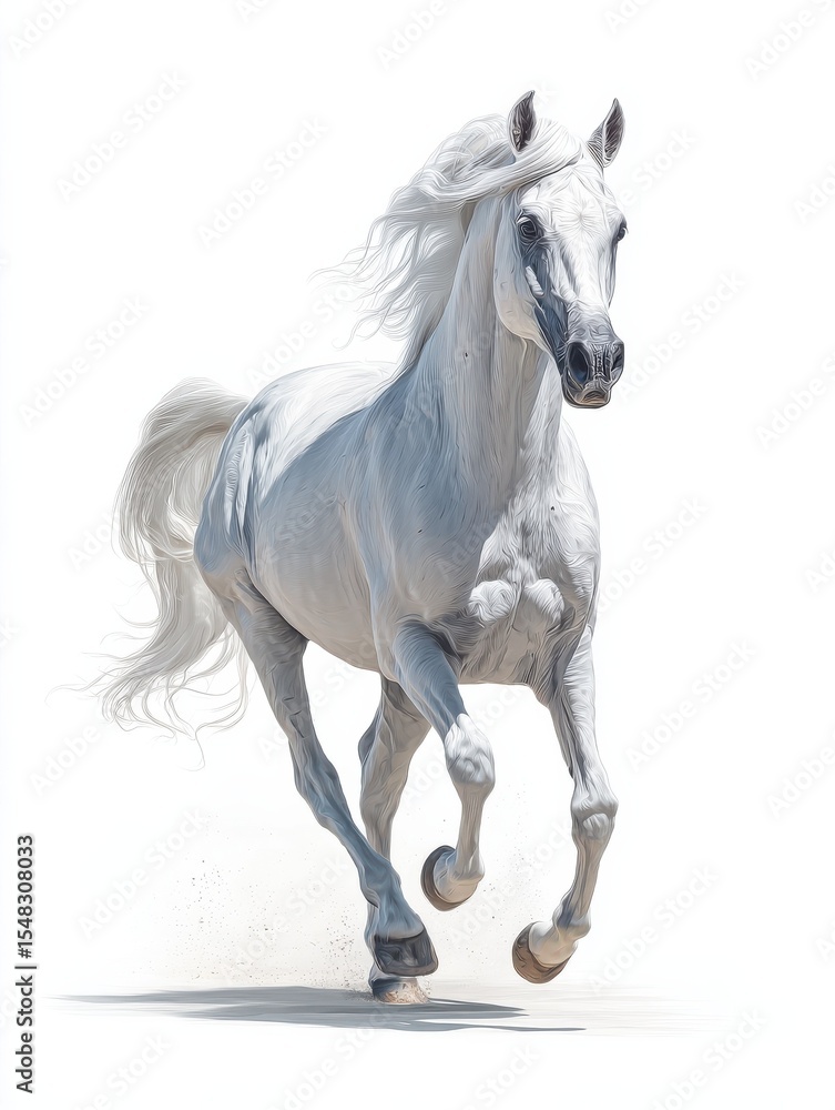 White arabian horse running isolated on a white background White arabian horse running isolated on a white background