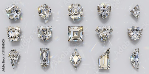 Fifteen diamonds of rare cut styles on white background