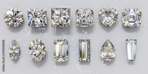 Twelve diamonds of popular cut styles on white background