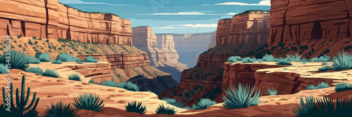 Flat vector panoramic canyon view with layered cliffs desert vegetation and trail path vector-friendly
