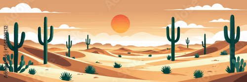 Flat vector panoramic desert landscape with sand dunes cactus sun low in sky warm earthy tones minimalist clean shapes vector-friendly