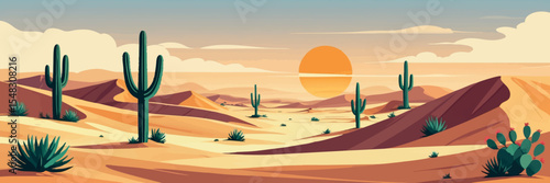 Flat vector panoramic desert landscape with sand dunes cactus sun low in sky warm earthy tones minimalist clean shapes vector-friendly