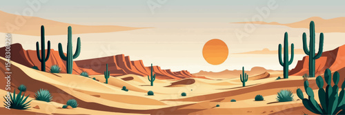 Flat vector panoramic desert landscape with sand dunes cactus sun low in sky warm earthy tones minimalist clean shapes vector-friendly