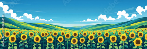 Flat vector panoramic field of sunflowers with rolling hills and clear blue sky cheerful palette vector-friendly