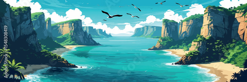 Flat vector panoramic island view with cliffs turquoise water and flying birds vacation vibe vector-friendly