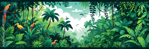 Flat vector panoramic jungle landscape with dense foliage vines tropical birds bright greens vector-friendly
