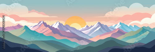 Flat vector panoramic landscape of mountain range at sunrise layered hills soft pastel color palette clean minimalist shapes vector-friendly