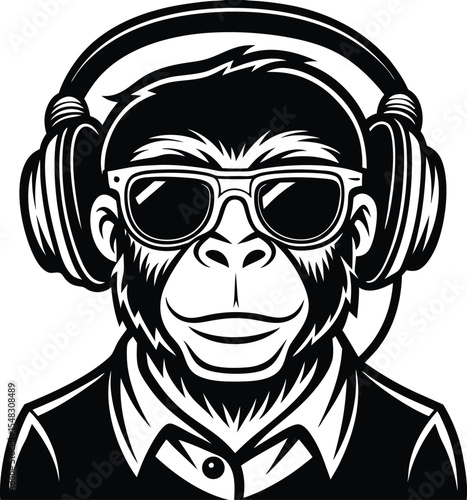 Photography DJ monkey with headphones and sunglasses in cool music style silhouette vector
