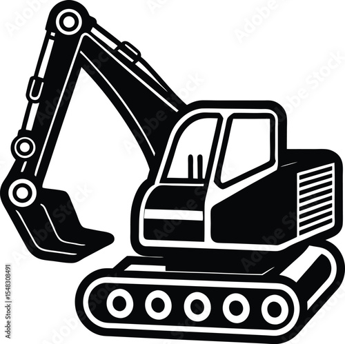 Mini crawler excavator icon with tracks and digging arm design silhouette vector