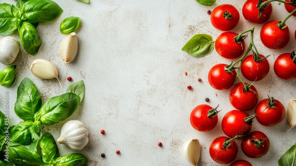 Fresh basil, garlic, and cherry tomatoes on a light background; great for a cooking/food editorial Fresh basil, garlic, and cherry tomatoes on a light background; great for a cooking/food editorial