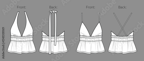Vector sleeveless top with ruffles fashion CAD, summer woman tank top with frills and shoulder straps technical drawing, template, sketch, flat. Woven fabric blouse flat, front, back view, white color