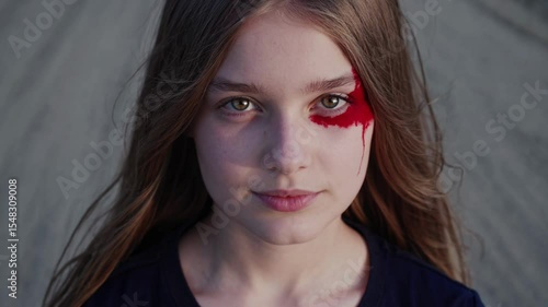 Portrait of a serious teenager girl with long brown hair and red paint dripping from her right eye, evoking mystery and intrigue against a blurred background