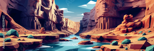 Low poly vector canyon with layered cliffs river and rocks in deep desert colors