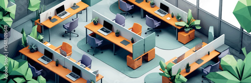 Low poly vector coworking space with desks dividers chairs and laptops collaborative layout