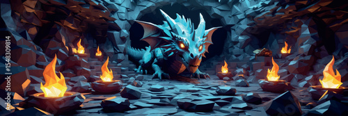 Low poly vector dragon's lair with glowing treasure spikes and enchanted fire pits vector-friendly