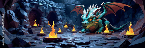Low poly vector dragon's lair with glowing treasure spikes and enchanted fire pits vector-friendly