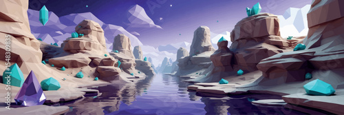 Low poly vector dreamlike canyon with floating rocks violet sky and hovering crystals