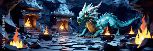 Low poly vector dragon's lair with glowing treasure spikes and enchanted fire pits vector-friendly