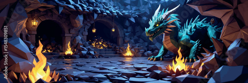 Low poly vector dragon's lair with glowing treasure spikes and enchanted fire pits vector-friendly