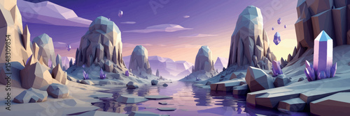Low poly vector dreamlike canyon with floating rocks violet sky and hovering crystals
