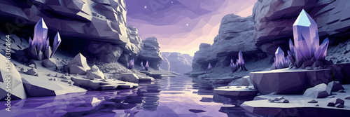Low poly vector dreamlike canyon with floating rocks violet sky and hovering crystals