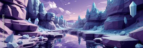 Low poly vector dreamlike canyon with floating rocks violet sky and hovering crystals