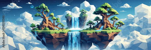 Low poly vector floating island with trees waterfall and dreamy clouds
