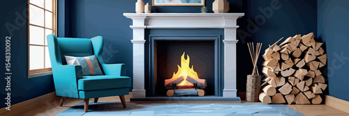 Low poly vector fireplace corner with armchair firewood and framed winter wall art