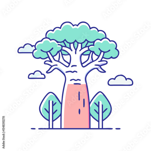 Stylized Baobab Tree Illustration with Auxiliary Trees and Clouds in Flat Design