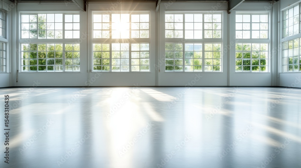 Fototapeta premium A tranquil, spacious interior flooded with natural light, featuring large windows that offer a glimpse of greenery, perfect for relaxation or creative pursuits.