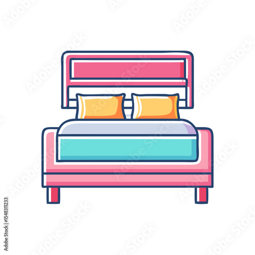 Comfortable stylish bed with pink frame, blue sheets, and yellow pillows