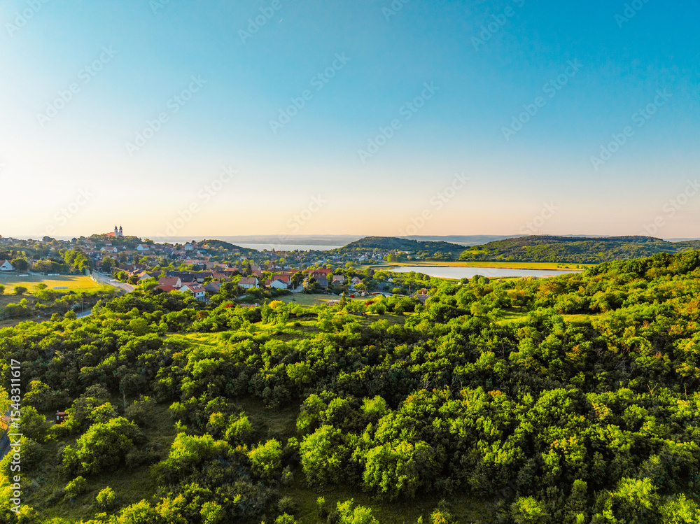 Naklejka premium Tihany in Hungary. Benedictine Monastery of Tihany Abbey with Lake Balaton.