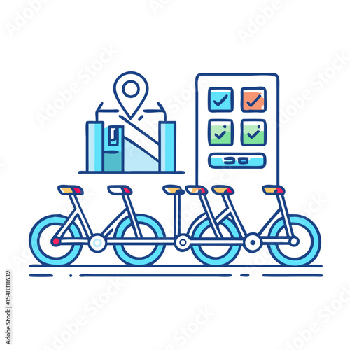Modern bike sharing system with mobile app and location tracking graphic