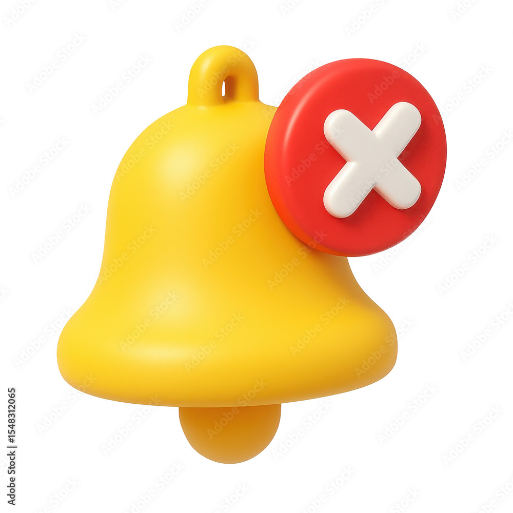3d cartoon plastic style icon of a yellow bell with a red cross, representing disabling alerts, on a transparent background 3d cartoon plastic style icon of a yellow bell with a red cross, representing disabling alerts, on a transparent background
