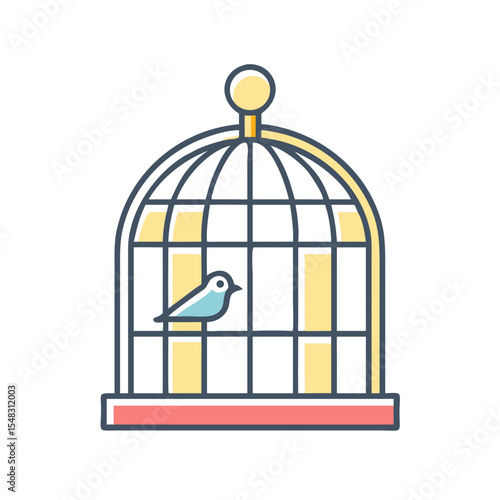 Colorful illustration of a birdcage with a small blue bird inside