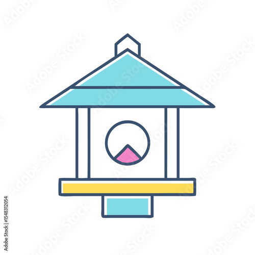 Stylized illustration of a bird feeder with simple shapes and bright colors