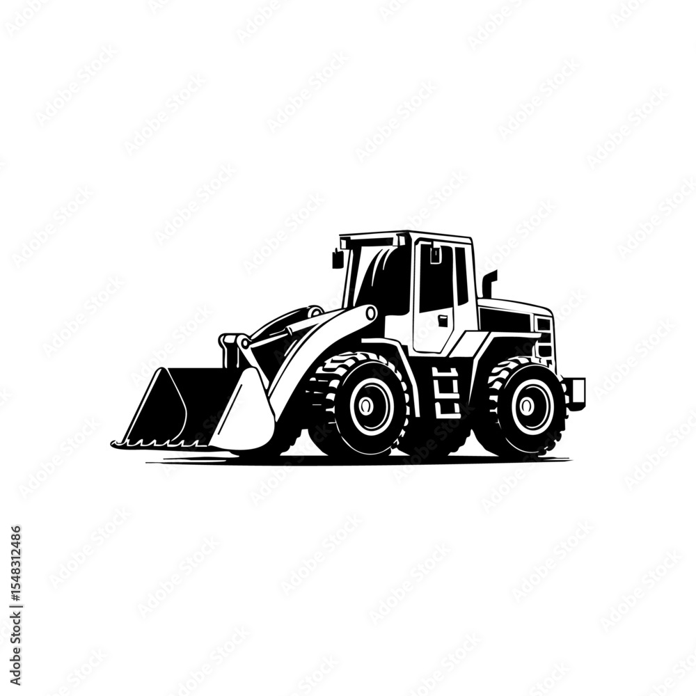 Naklejka premium Detailed black vector of a front loader with large wheels and scoop, construction equipment style.