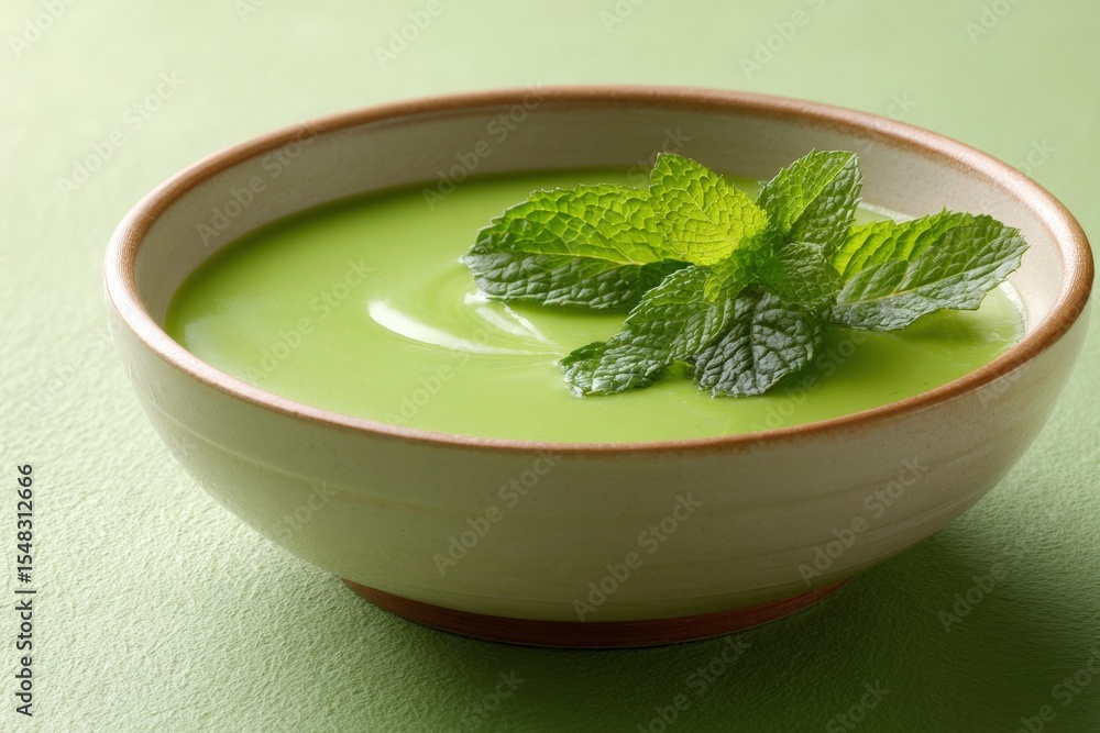 Green Pea Soup with Mint Leaves in Bowl on Pastel Green Background Green Pea Soup with Mint Leaves in Bowl on Pastel Green Background