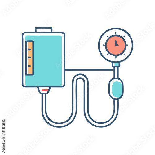 Illustration of an intravenous fluid bag and pressure gauge connected by tubes